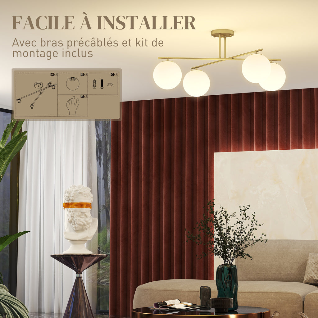 Plafonnier lustre moderne à 4 lumières avec culot E14, montage semi-affleurant, doré et crème-6