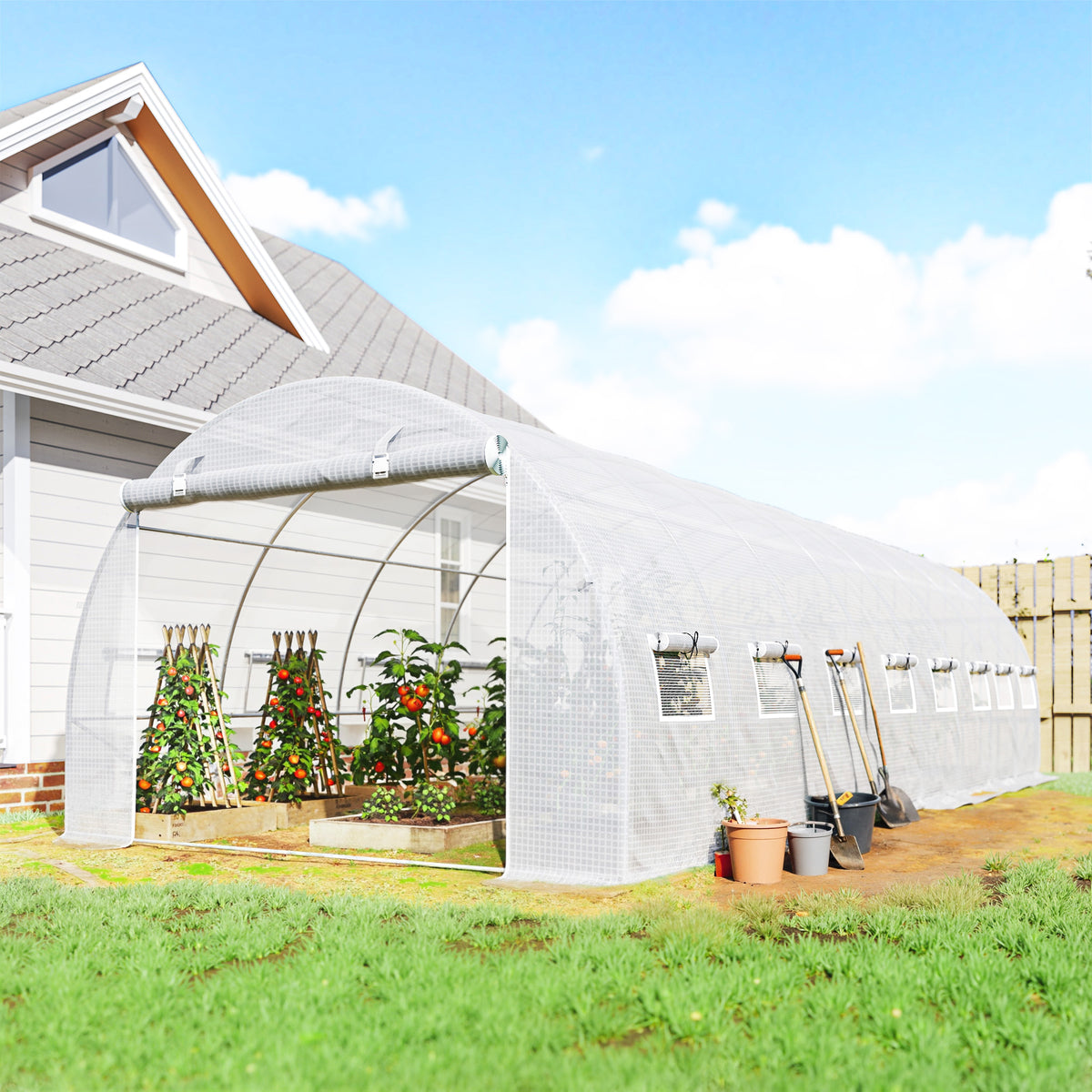 Serre de jardin tunnel 24m² 8L x 3l x 2H m - 16 fenêtres, Porte zippée enroulable acier galvanisé, bâche PE, Blanc-1