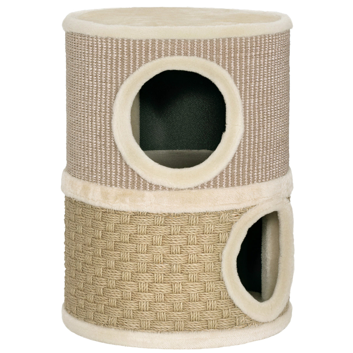 Tonneau à gratter pour chat arbre à chat sisal naturel et herbiers marins recouvert de peluche 35,5x35,5x49cm kaki café-0