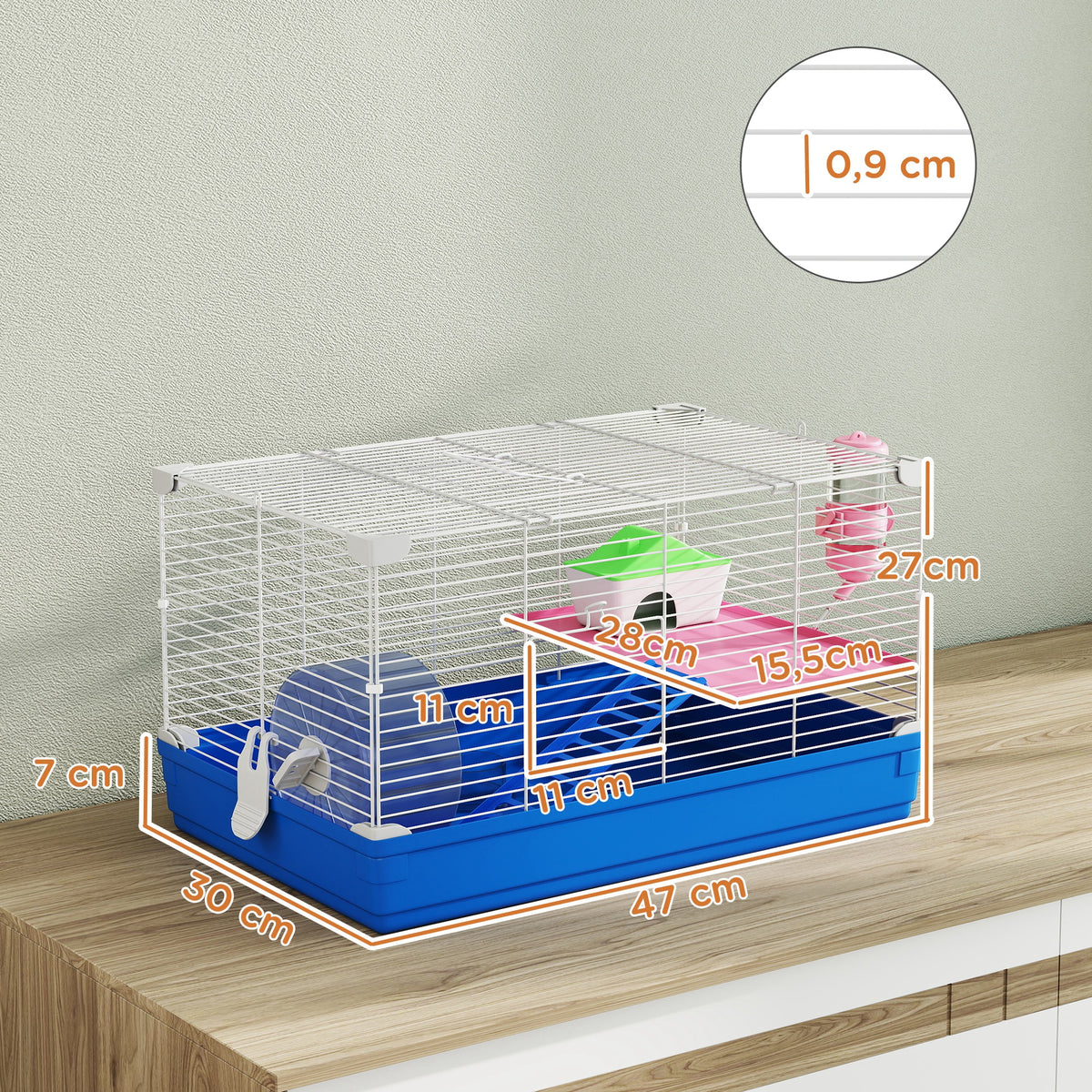 Cage Hamster, Cage Rongeur à 2 Niveaux, Base Amovible pour Nettoyage Facile, Cabane, Roue d'Exercice, 47x30x27cm, Bleu-2