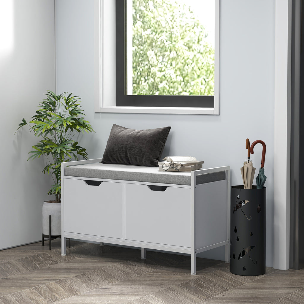 Banc meuble à chaussures, 2 placards, meuble d'entrée avec coussin rembourrée, 84l x 35P x 50H cm, blanc-1
