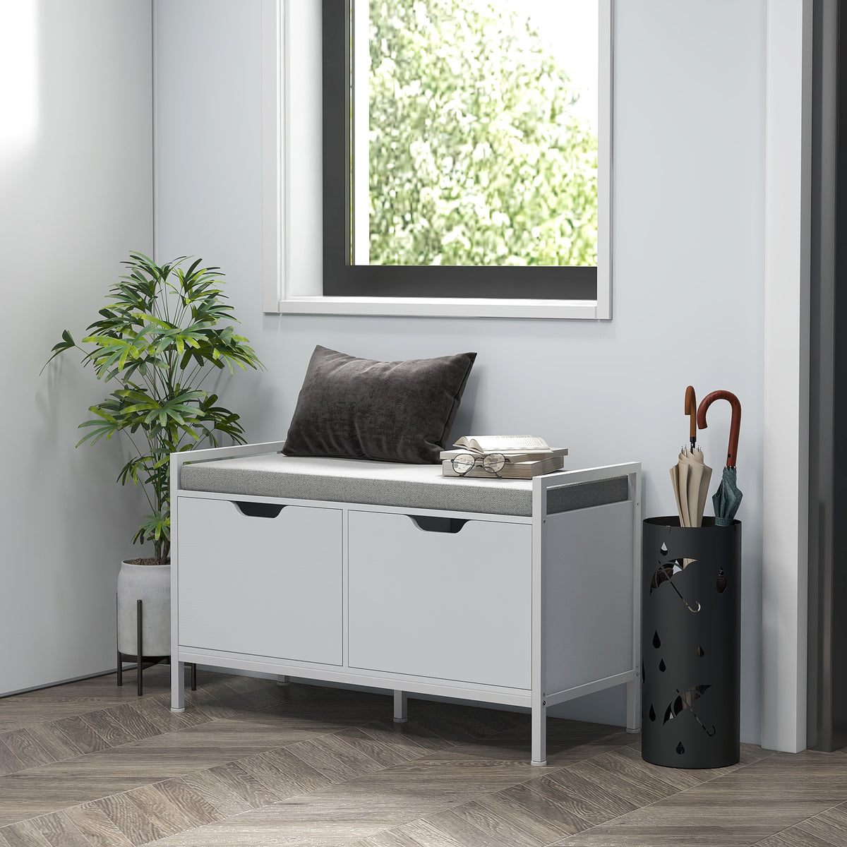 Banc meuble à chaussures, 2 placards, meuble d'entrée avec coussin rembourrée, 84l x 35P x 50H cm, blanc-1
