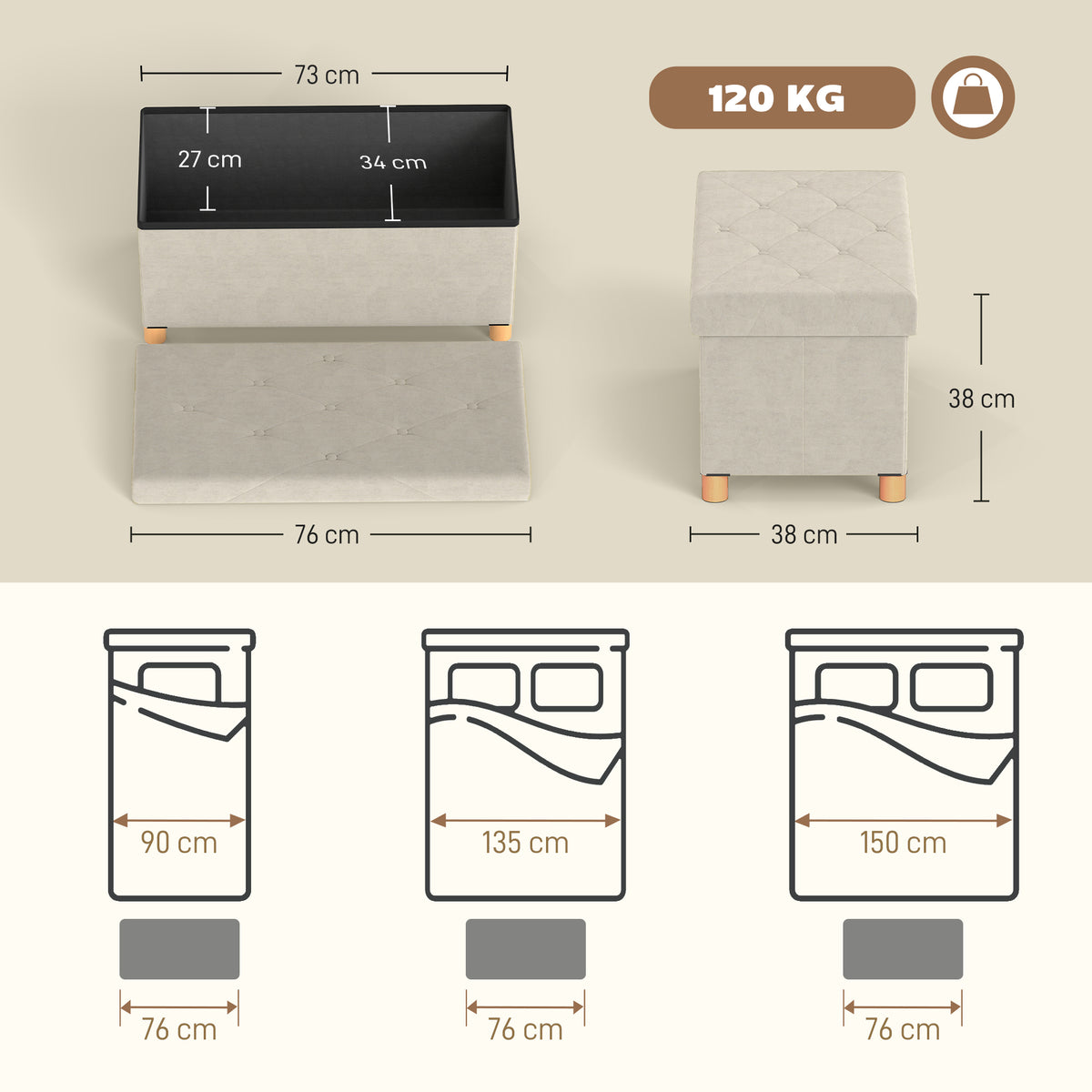 Banc de rangement bout de lit pliable volume 67 L capacité de charge 120 kg avec couvercle 76L x 38l x 38H cm crème-2