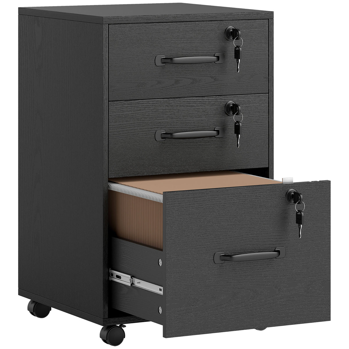 Caisson de Bureau Mobile avec 3 Tiroirs Verrouillables, Caisson de Rangement sur Roulettes, 40 x 40 x 69,5 cm, Noir-0
