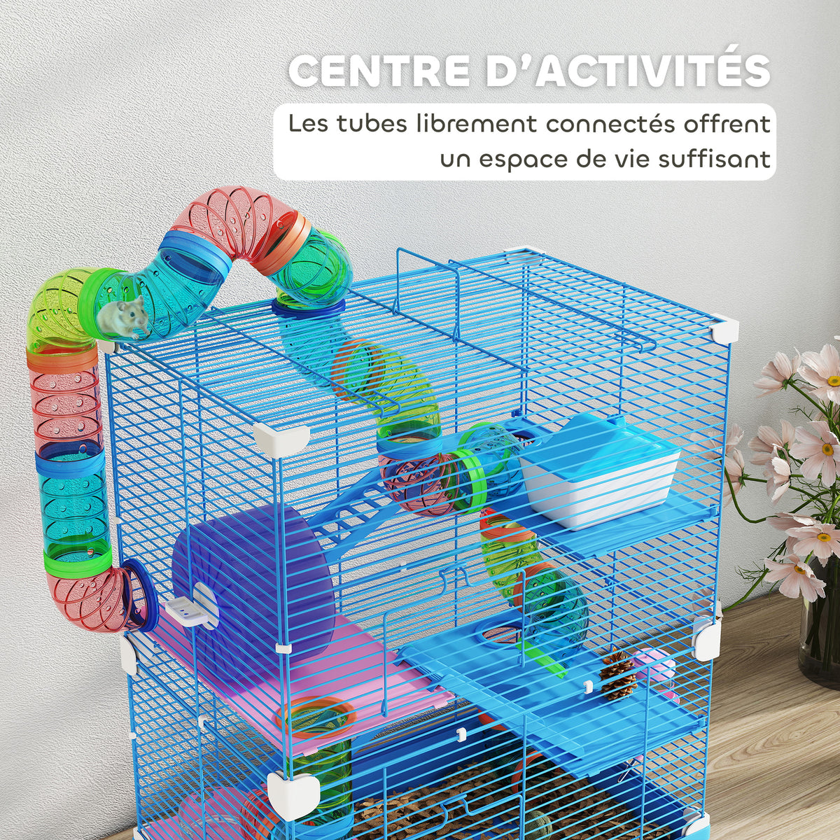 Cage pour hamster rongeur 4 étages avec tunnels mangeoire roue maison échelles 46 x 30 x 58 cm bleu-3