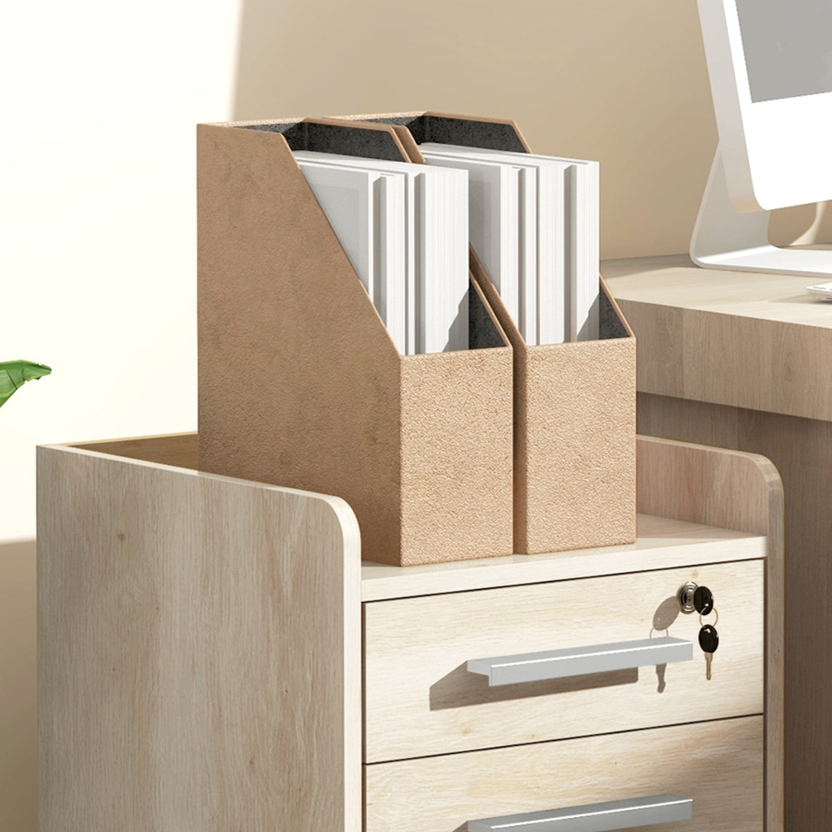 Caisson de bureau rangement bureau sur roulettes 3 tiroirs 1 verrouillable 1 trieur dossiers en bois beige-7