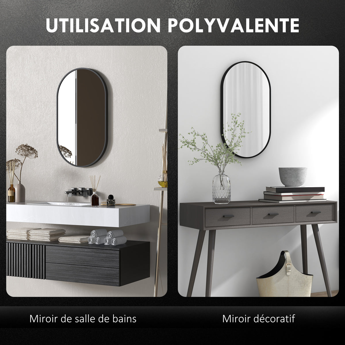 Miroir ovale mural cadre en aluminium style minimaliste montage vertical ou horizontal avec 3 crochets 40 x 70 cm noir-3