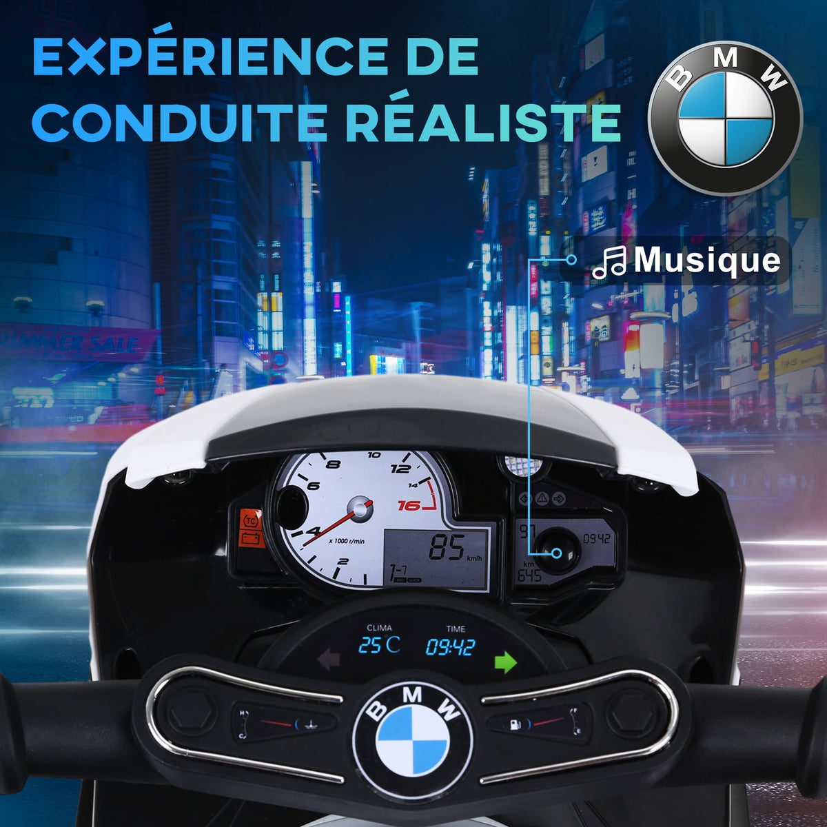 Moto électrique enfants sous licence BMW S1000 RR, 3 roues, 6V et 2,5 Km/h, voiture électrique enfants avec effets lumineux et sonores, moto enfant, charge max. 20 kg, noir-3