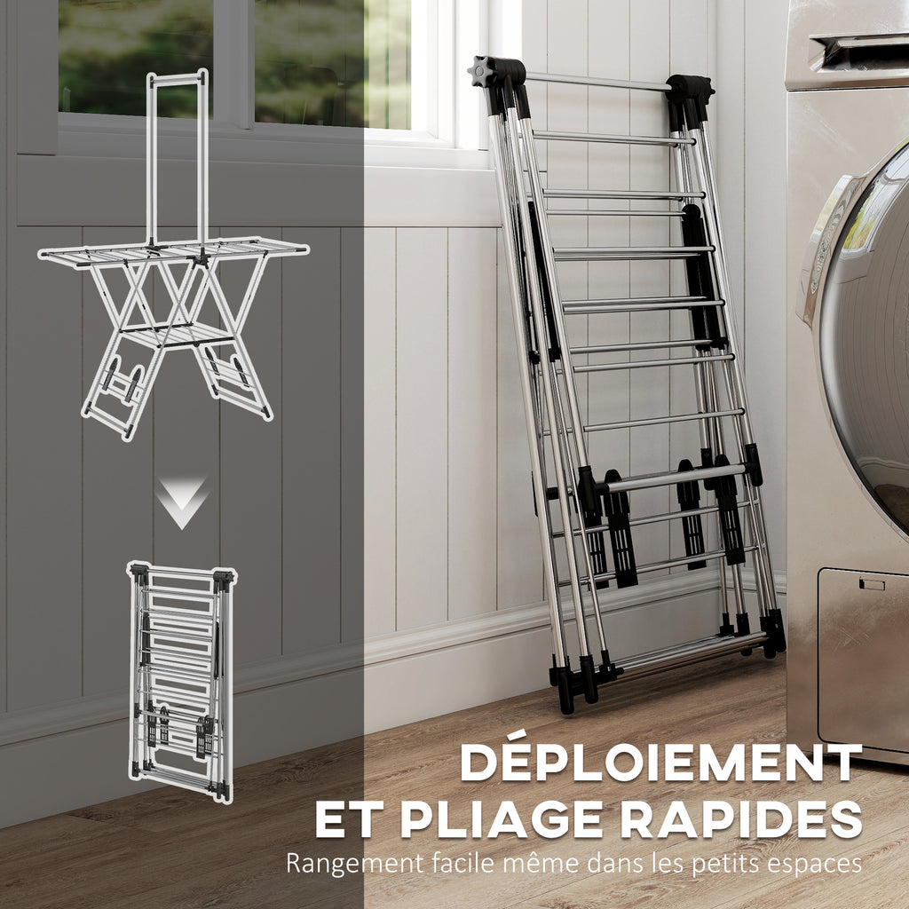 Séchoir à linge étendoir pliable, ailes réglables 5 niveaux, 4 supports à chaussures, acier inoxydable, argenté-5