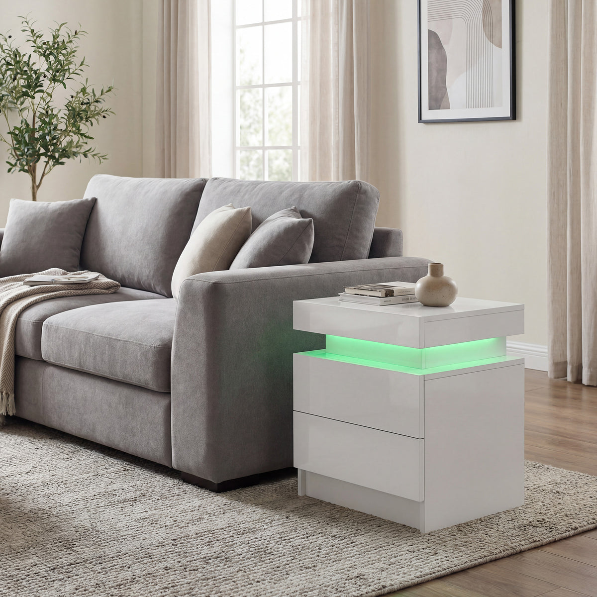 Table de chevet table de nuit lumière LED RVB panneau haute brillance avec 2 tiroirs pour salon chambre à coucher blanc-8