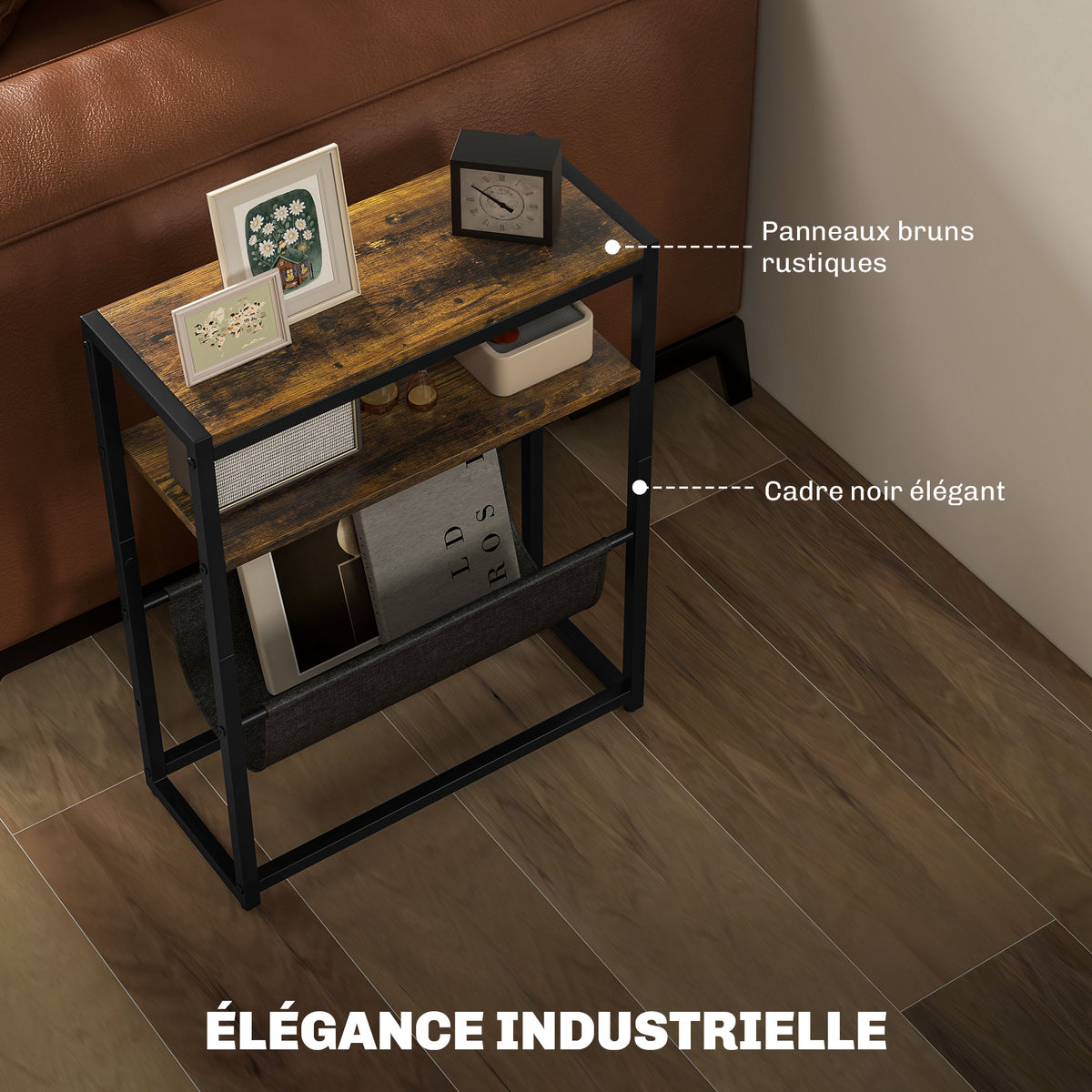 Table d'appoint bout de canapé avec étagère et porte-revues structure en acier design industriel - 43l x 18P x 56H cm-4
