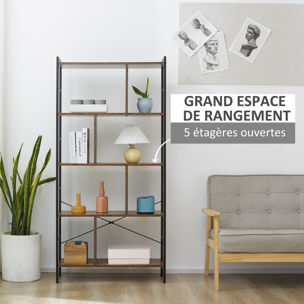Bibliothèque étagère de rangement à 5 niveaux avec compartiments ouverts 74 x 30 x 157,5 cm brun rustique et noir-3