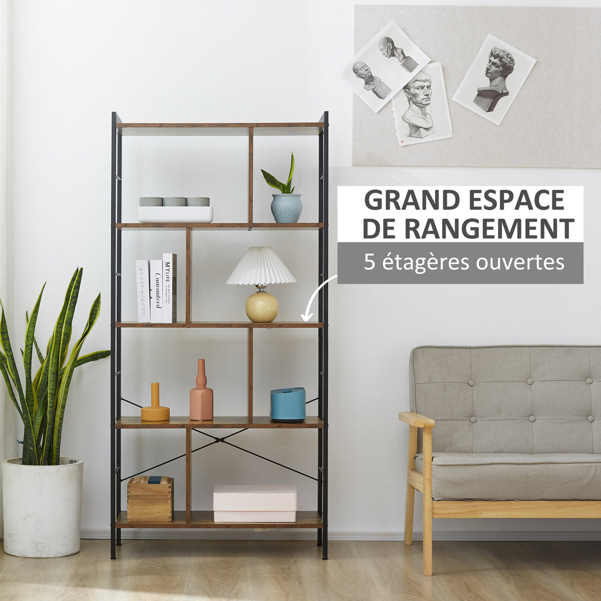 Bibliothèque étagère de rangement à 5 niveaux avec compartiments ouverts 74 x 30 x 157,5 cm brun rustique et noir-3