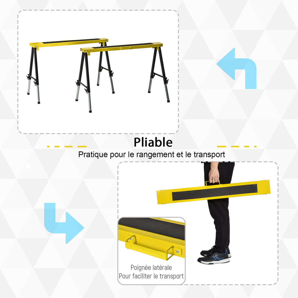 Lot de 2 Tréteaux Pliables Télescopiques Réglables en Hauteur, Poignée de Transport, Dim. 100L x 60l x 62-90H cm, Surface Antidérapante, Métal, Noir et Jaune-3