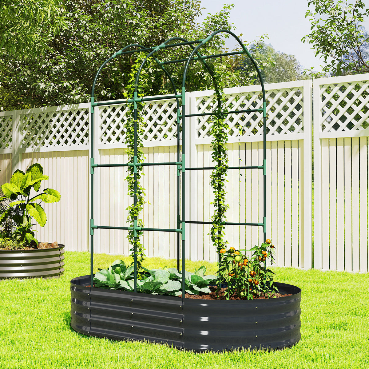 Jardinière avec treillis arqué, bac à fleurs en métal avec fond ouvert, gants inclus, 160x90x180cm, gris foncé-9