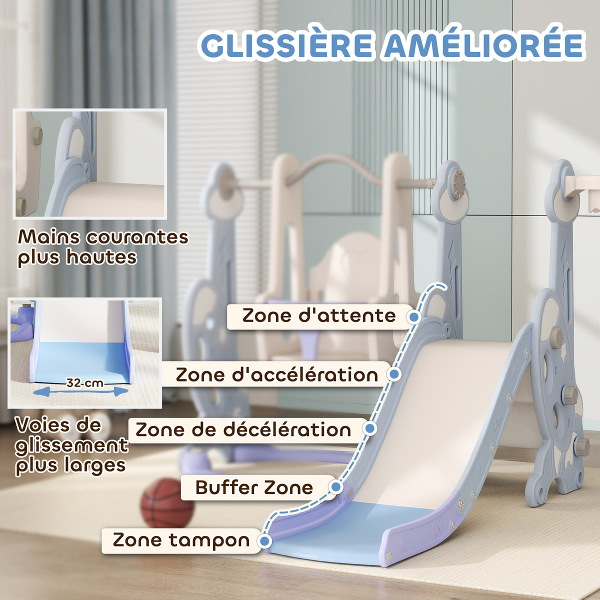 Toboggan et balançoire pour enfants 4 en 1 avec panier de basket et échelle, 147,5 x 160 x 107 cm, bleu clair-4