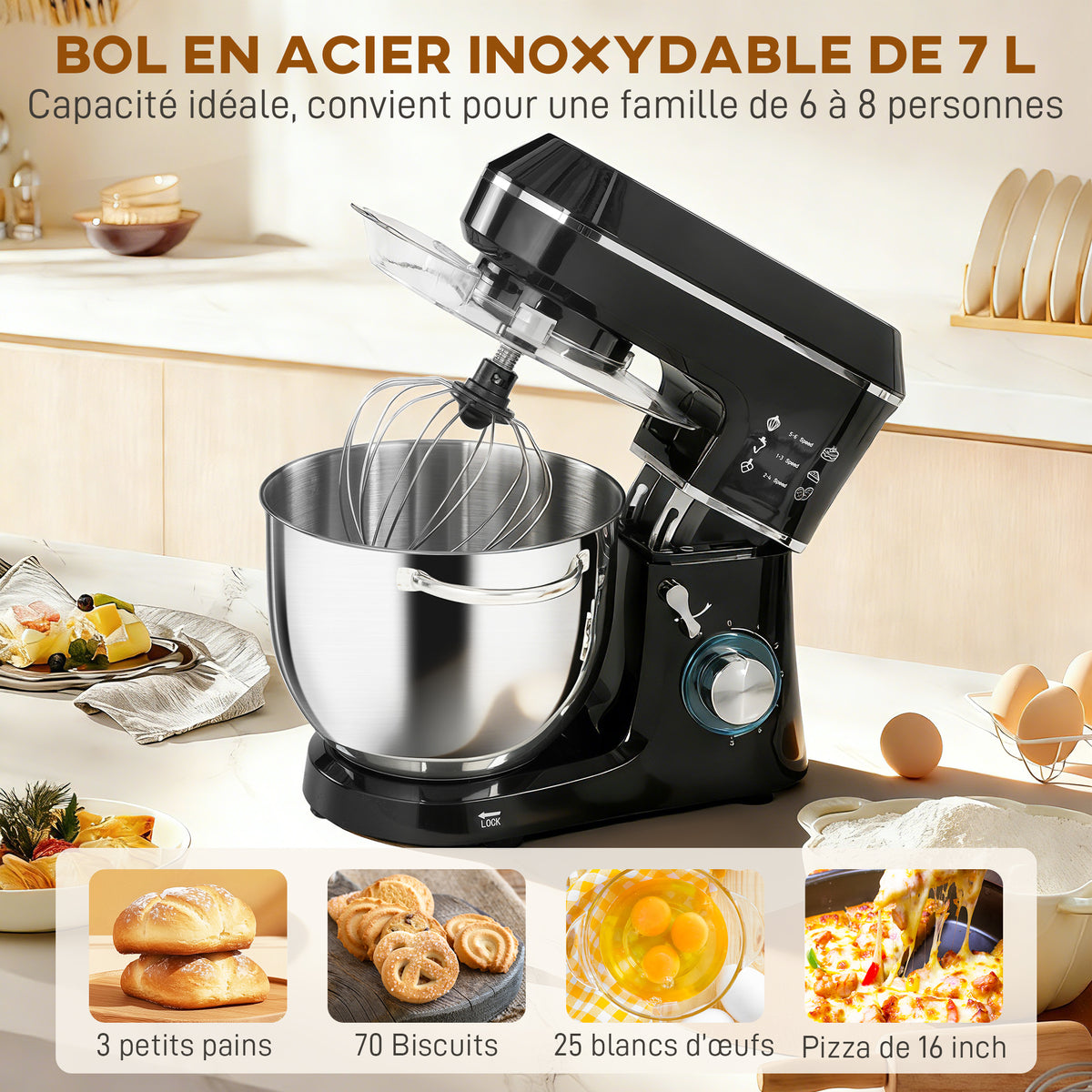 Robot Pâtissier 1400 W, Robot Pétrin Professionnel 7 L avec 6+P Vitesses, Crochet Pétrisseur, Noir-4