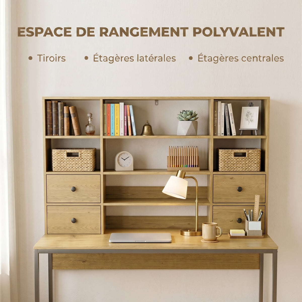 Bureau d'ordinateur avec 4 tiroirs, 105 x 60 cm, bureau avec rangement, étagères ouvertes, 105 x 60 cm, bois naturel-3