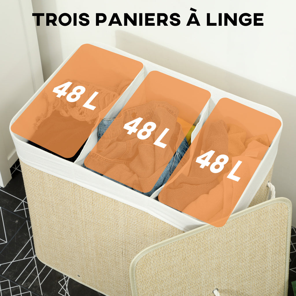 Panier à linge à trois compartiments avec couvercle, panier à linge en bambou 144 L avec poignées en corde-3