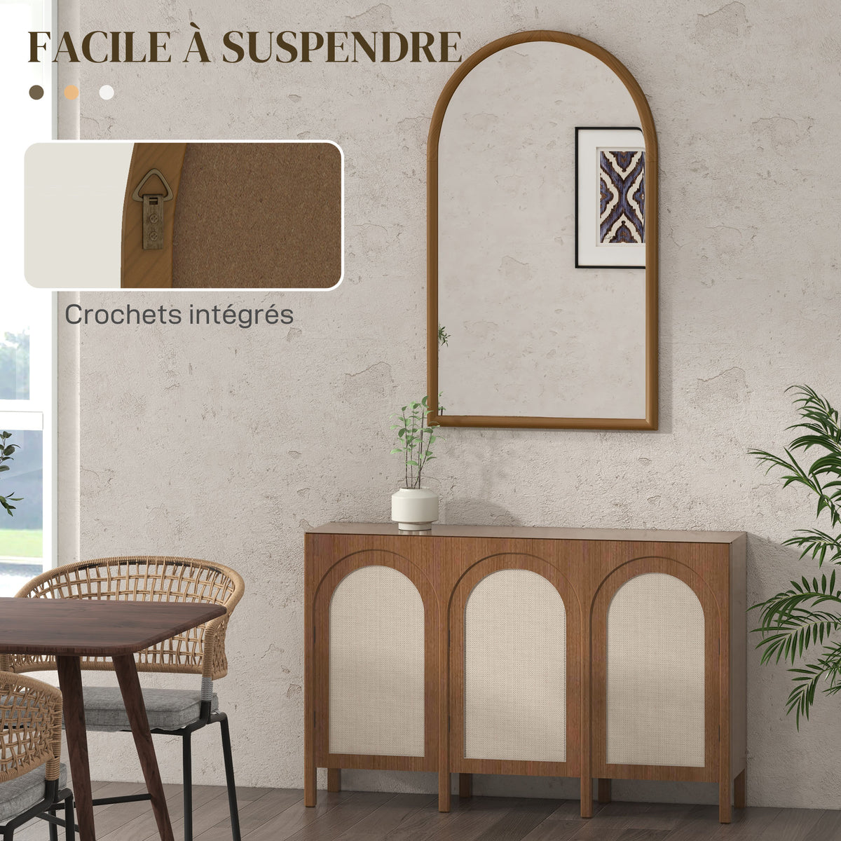 Miroir mural arche, 110 x 65 cm Cadre en bois, Miroir arqué pour le salon, la chambre, l'entrée, brun foncé-3