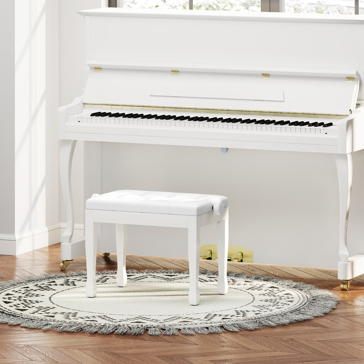 Banc de piano, banc de clavier réglable en hauteur en bois massif, siège rembourré, 64 x 35 x 45-55 cm, blanc-1