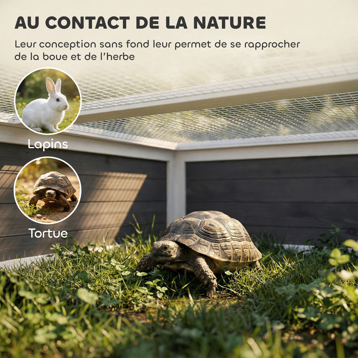Maison Tortue Terrestre Habitat 2 Zones avec Double Toit Ouvrant Bitumé et Grillagé Fenêtre 113x106,5x44,5cm Gris Foncé-4