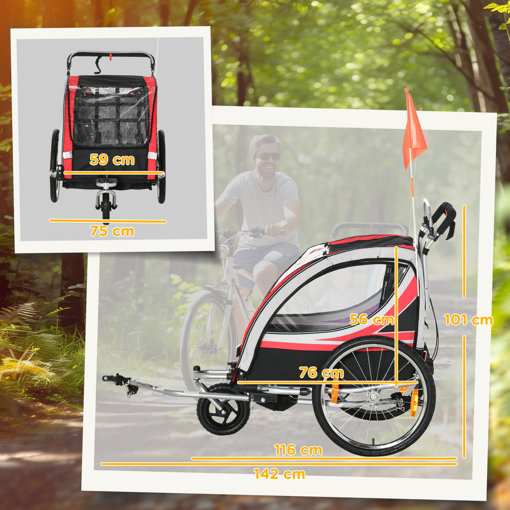 Remorque vélo pour enfant 2 en 1 convertible jogger poussette capacité 26,4 kg avec réflecteurs et drapeau - 2 places  - rouge-2