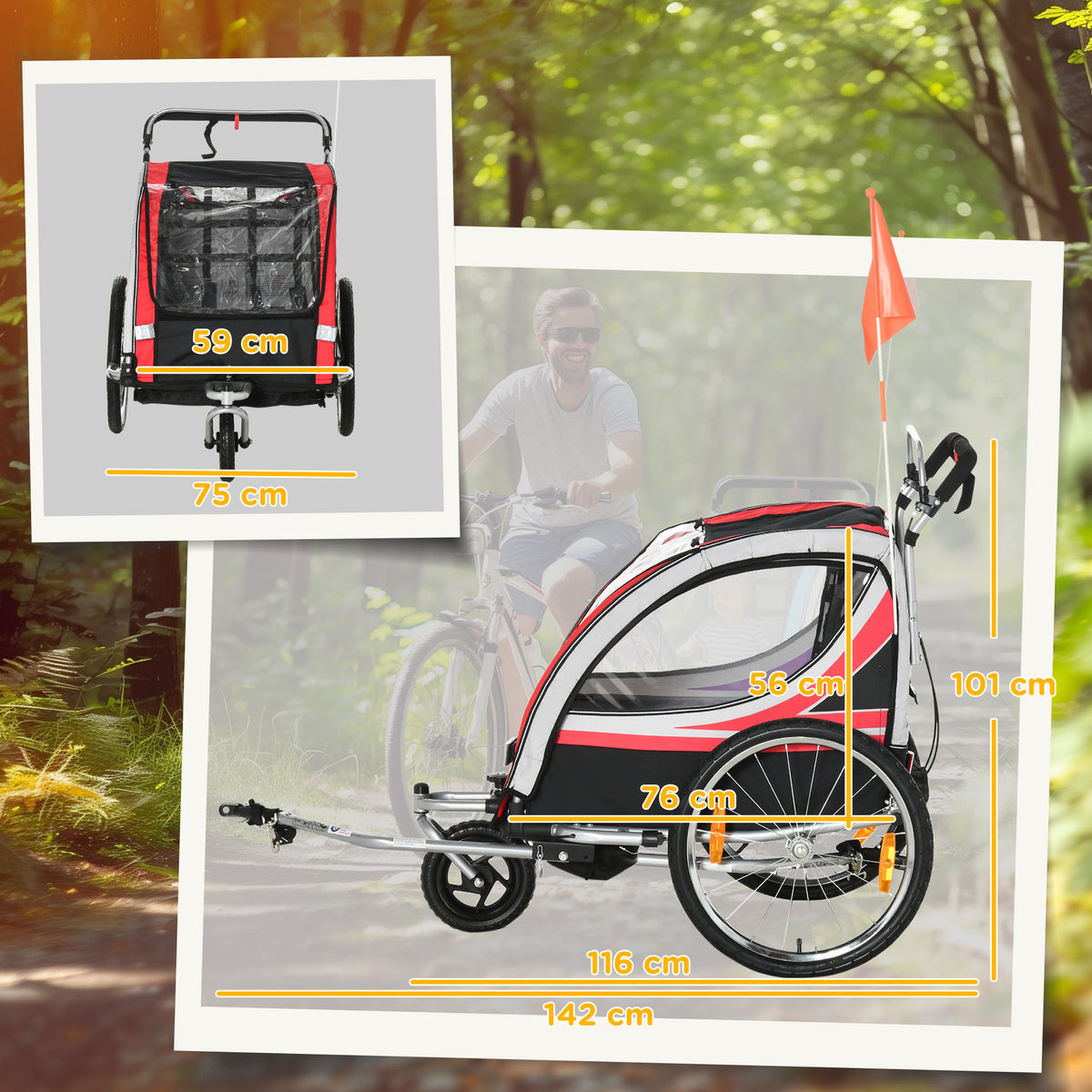 Remorque vélo pour enfant 2 en 1 convertible jogger poussette capacité 26,4 kg avec réflecteurs et drapeau - 2 places  - rouge-2