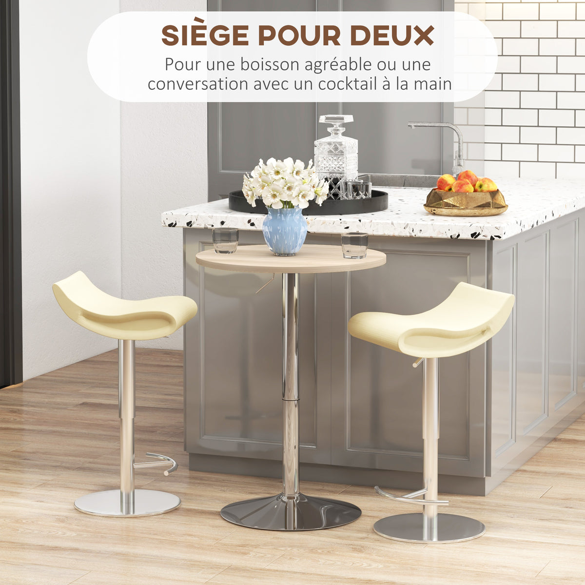 Table de bar ronde table haute cuisine réglable en hauteur 69-91 cm plateau pivotante à 360° naturel et gris-5