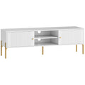 Meuble TV, meuble télé jusqu'à 65 pouces avec 2 portes, 2 compartiments ouverts, pieds en acier, 140x38x45,9cm, blanc-0