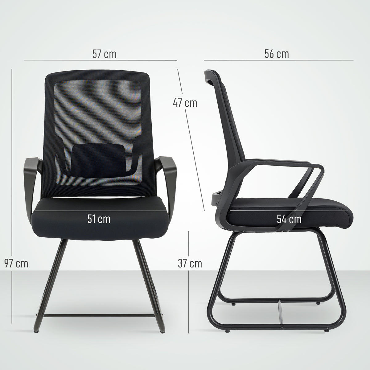 Chaise de bureau ergonomique sans roulettes, chaise de conférence avec dossier en maille, soutien lombaire, noir-2