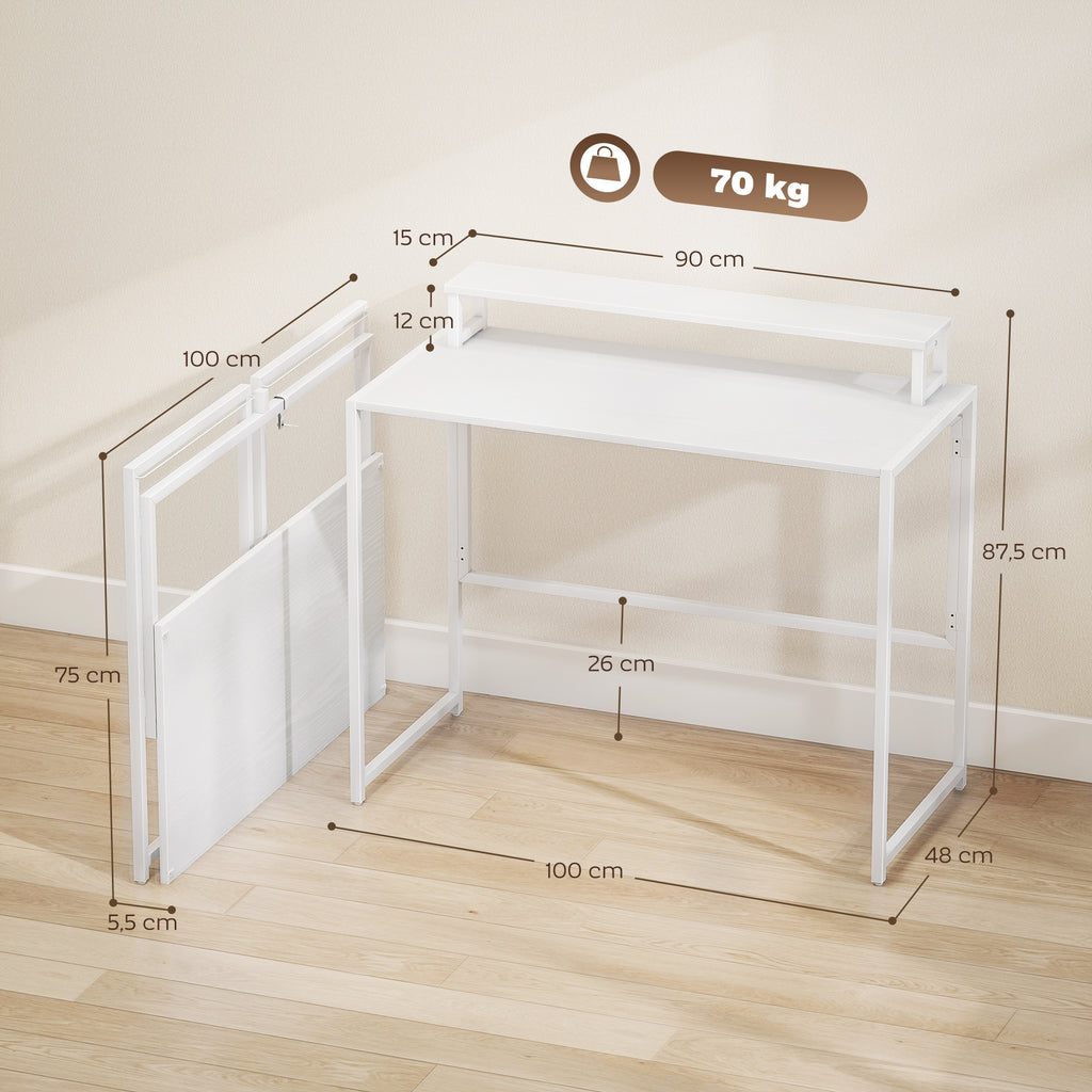 Bureau d'ordinateur pliable avec support d'écran, pour chambre, petits espaces, 100 x 48 x 87,5 cm, blanc-2