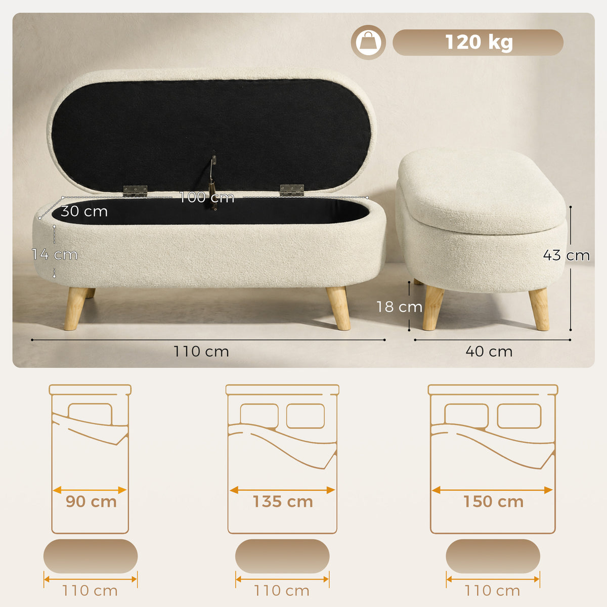 Banc Banquette, Bout de Lit, Coffre de Rangement 2 en 1 en Tissu avec Pieds en Bois, 110L x 40P x 43H cm, Crème-2