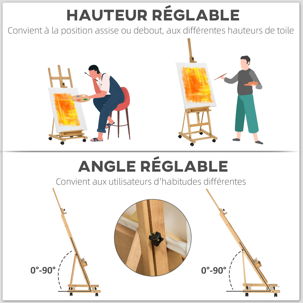 Chevalet d'artiste sur roulettes pliable en bois de hêtre pour toiles à peindre jusqu'à 118 cm bois naturel-3