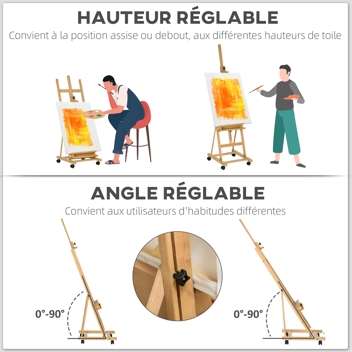 Chevalet d'artiste sur roulettes pliable en bois de hêtre pour toiles à peindre jusqu'à 118 cm bois naturel-3