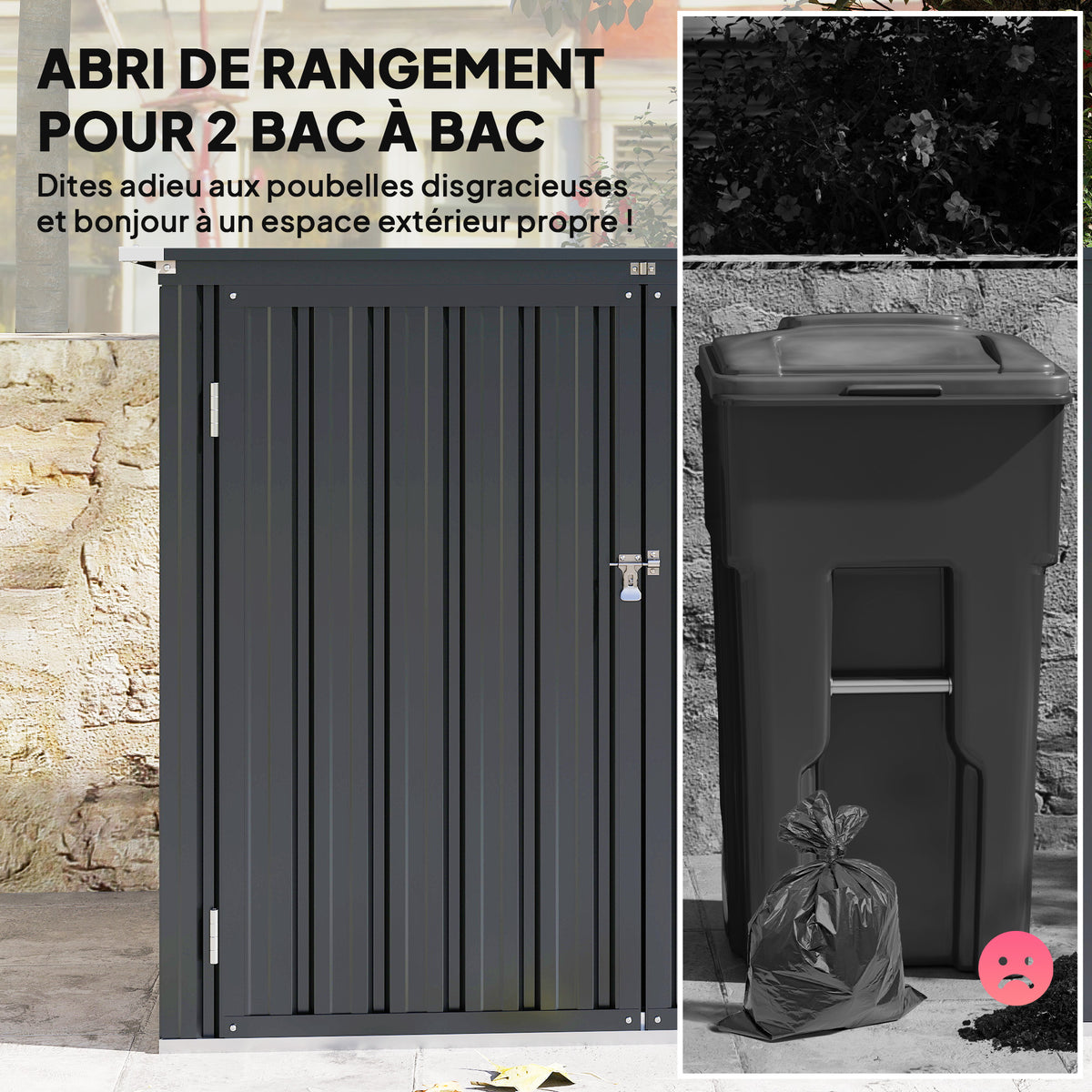 Cache Poubelle Extérieur 1,2 m², 150x80x117cm, Abri de Jardin Acier Galvanisé pour 2 Poubelles, Double Porte à Serrures-3