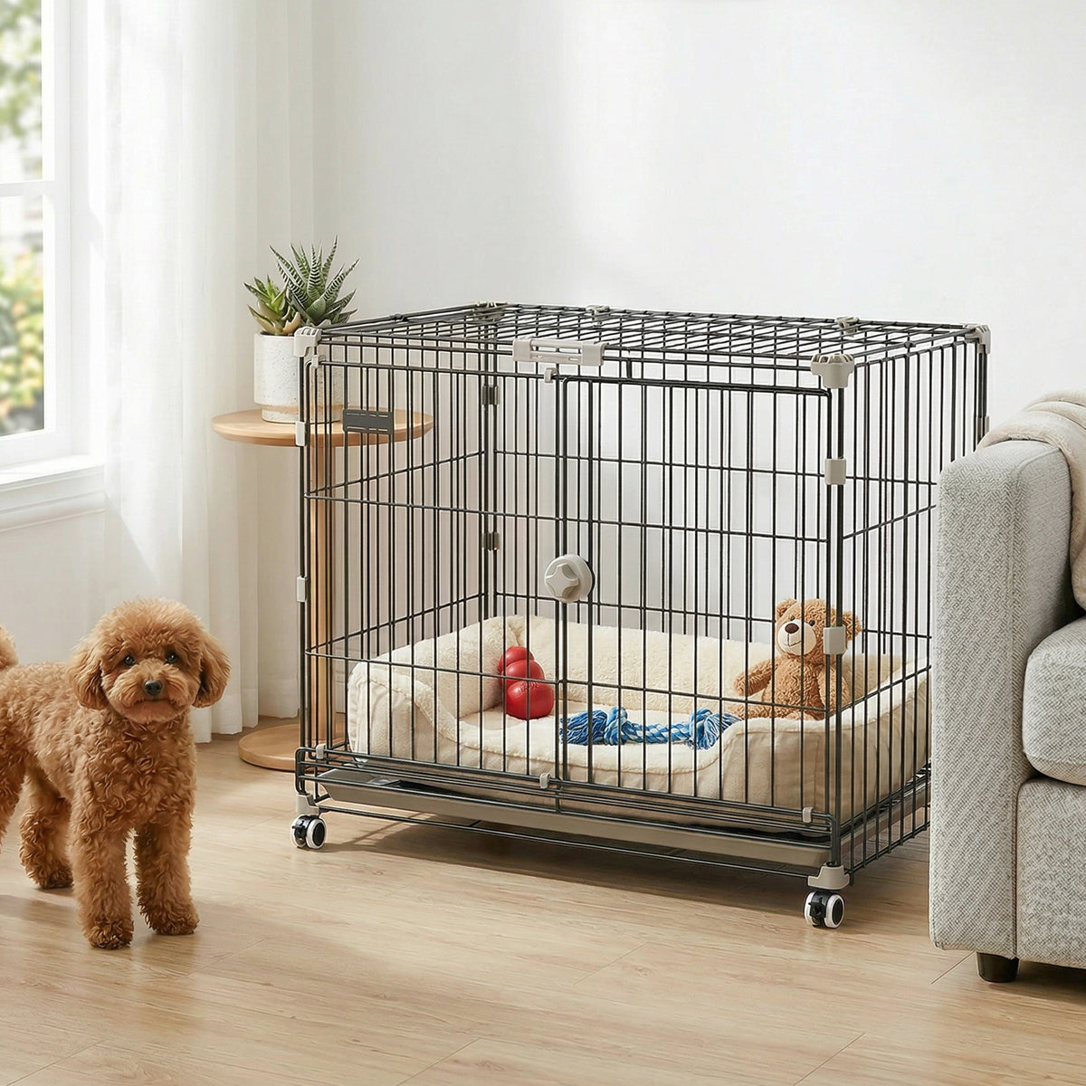 Cage pour Chien, Plateau Amovible, Roues avec Freins, Toit Ouvrant Verrouillable, 75,5x46x64,5cm, Noir-9