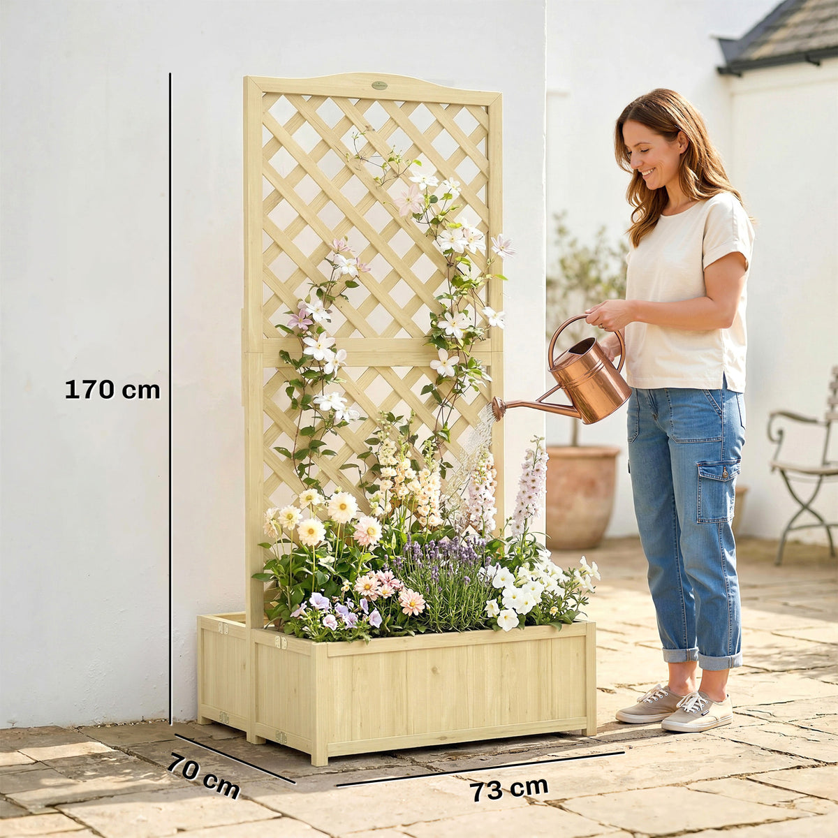 Jardinière avec Treillis Carré Potager Bois Pliable Double Bac à Fleurs pour Plantes Grimpantes 73 x 70 x 170 cm Naturel-2