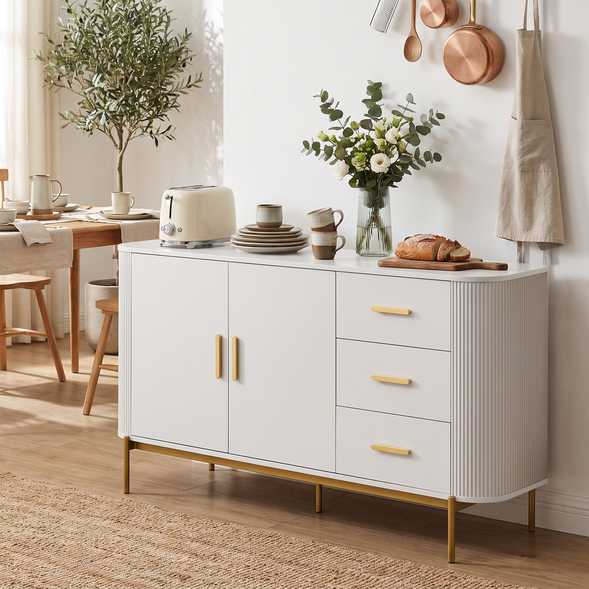 Buffet Salon, Meuble de Rangement avec 2 Portes, 3 Tiroirs, Étagère Réglable et Façade Rainurée, 140x44x79cm, Gris Clair-8