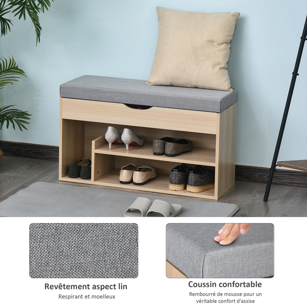 Meuble Chaussures Banc à Chaussures 2 Niveaux Rangement, Niche + Coffre intégré avec Coussin Beige Gris-3