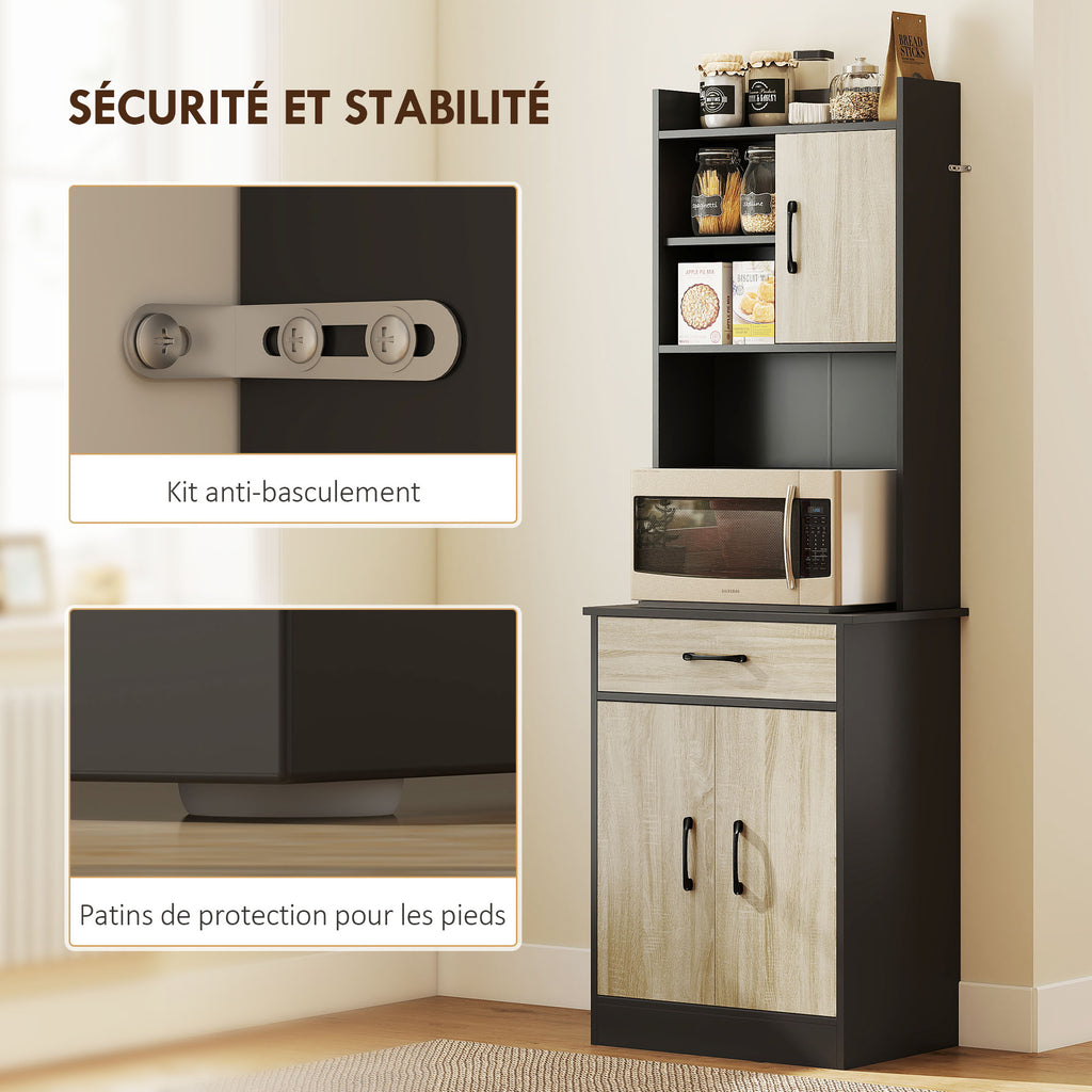 Buffet haut cuisine, armoire de cuisine, tiroir, 3 portes, étagères ouvertes, plan de travail, 60x40x180cm, bois naturel-4