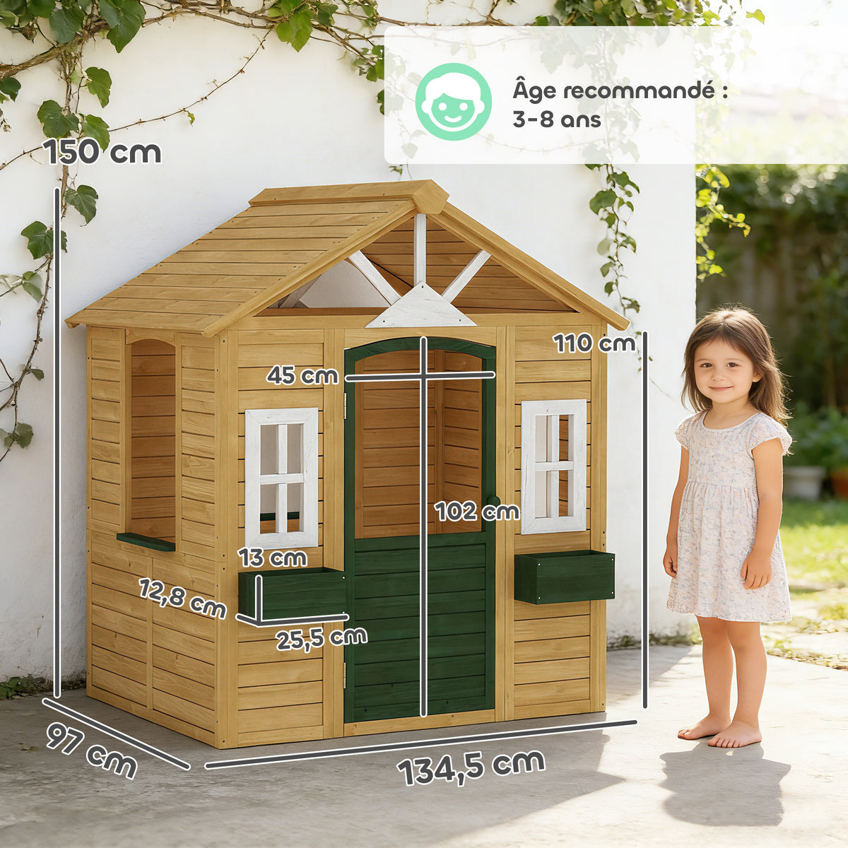 Cabane enfant extérieur en bois, maison enfant extérieure avec porte, fenêtres, 2 bacs à fleurs, 134,5x97x150cm, marron-2