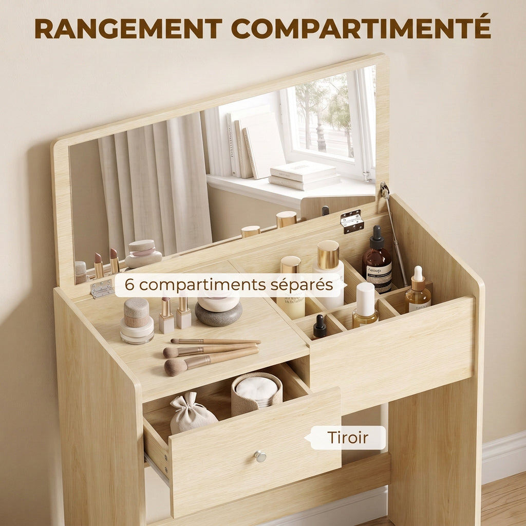 Coiffeuse Bureau 2 en 1 avec Miroir Rabattable et Tabouret, Table de Maquillage avec Tiroir et 6 Compartiments, Chêne-5