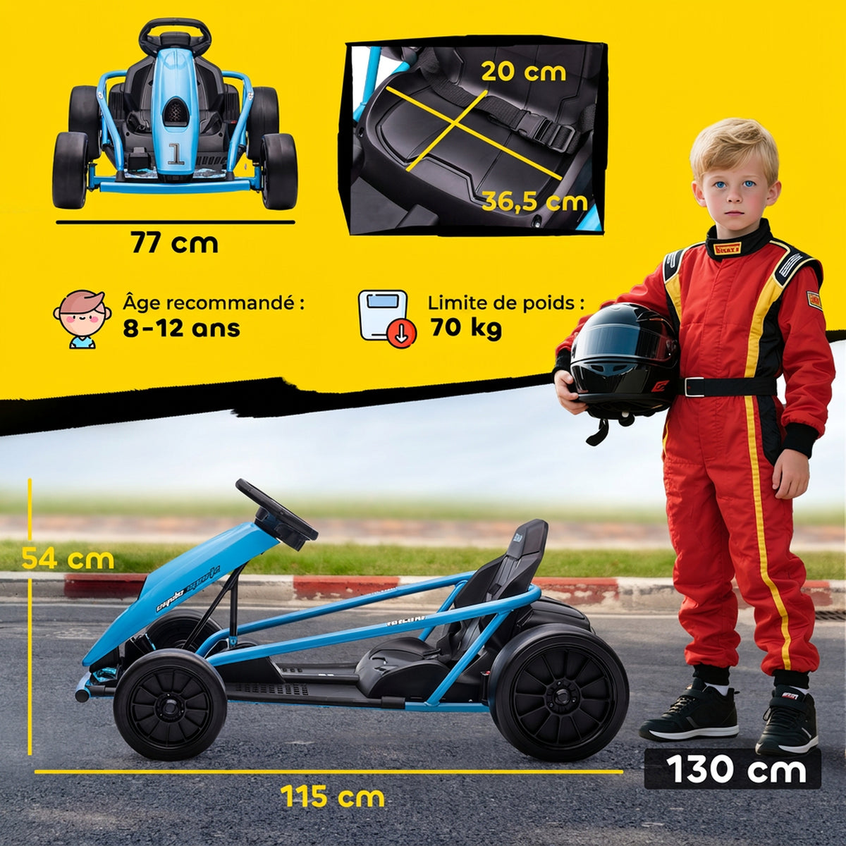 Kart Électrique pour Enfants 24 V, Go Kart avec Mode Drift, 2 Moteurs, Démarrage Progressif, 2 Vitesses 6-13 km/h, Bleu-2