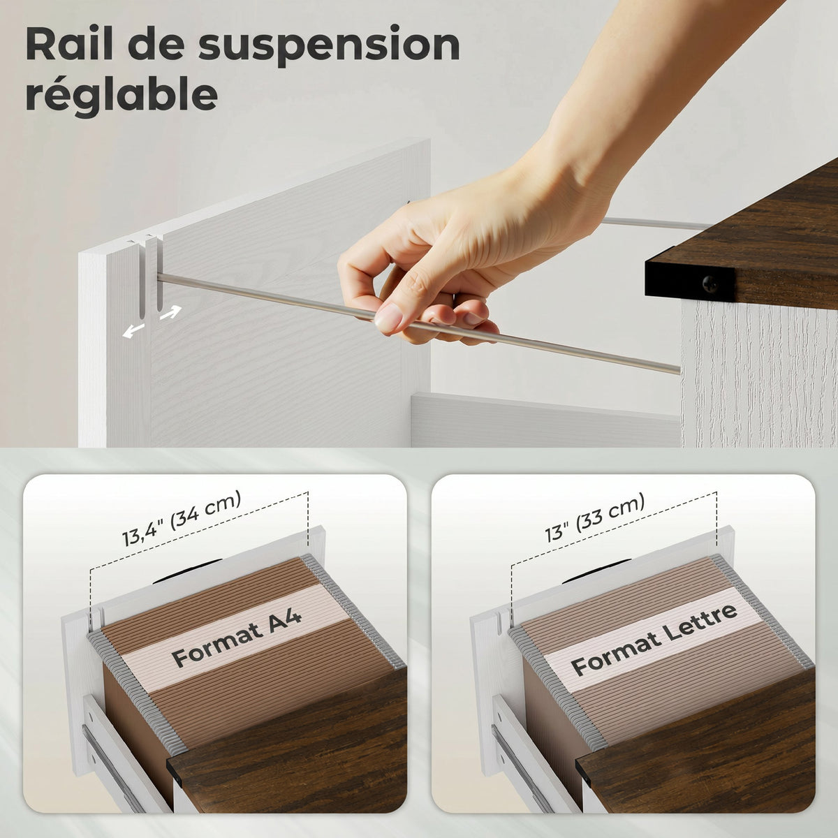 Caisson de Bureau avec 2 Tiroirs, Dossiers Suspendus pour Formats Lettre/A4, Style Rustique, 40x40x71cm, Blanc-5