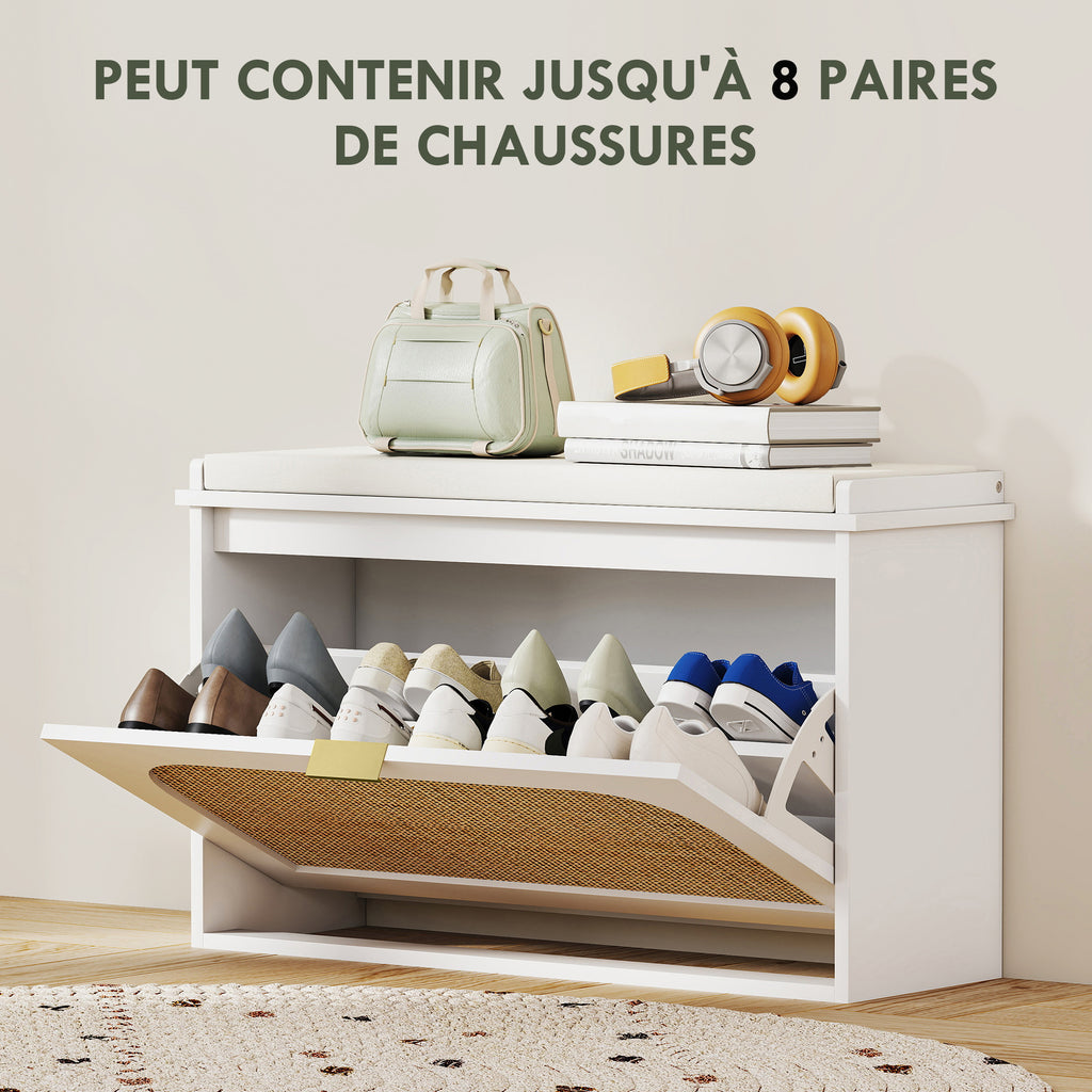 Banc à chaussures, banc de rangement, assise rembourrée, tiroir rabattable, porte en rotin, 80 x 26 x 47,5 cm, blanc-5