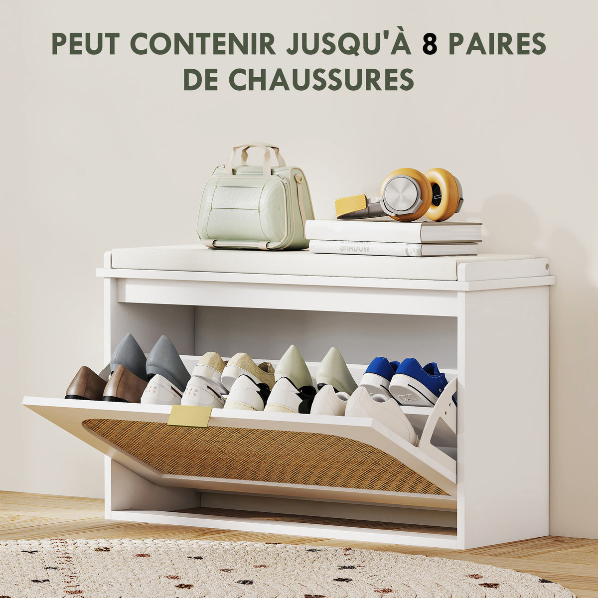 Banc à chaussures, banc de rangement, assise rembourrée, tiroir rabattable, porte en rotin, 80 x 26 x 47,5 cm, blanc-5