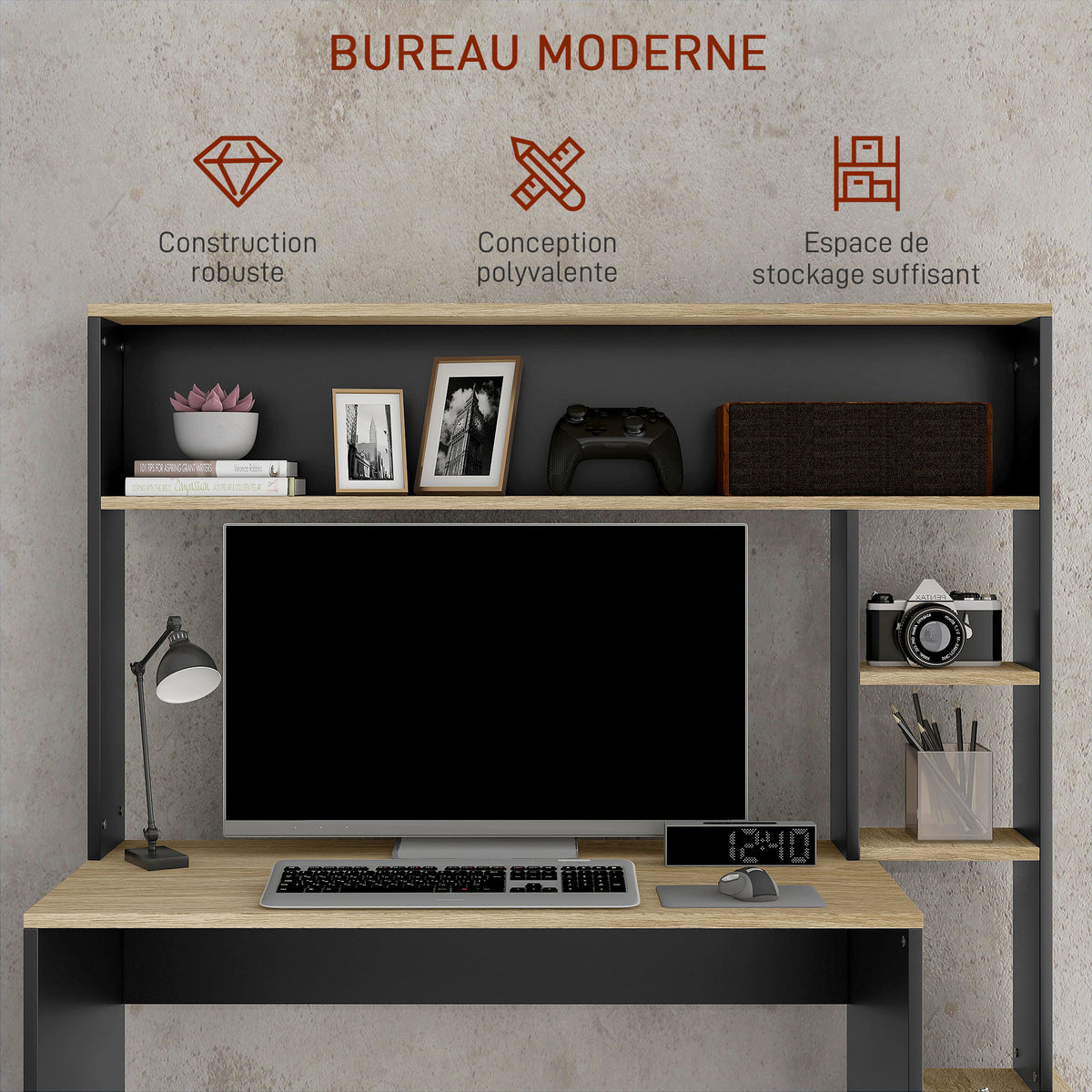 Bureau multi-rangements avec étagères, support pour unité centrale, grand bureau, 114L x 45l x 138H cm-5