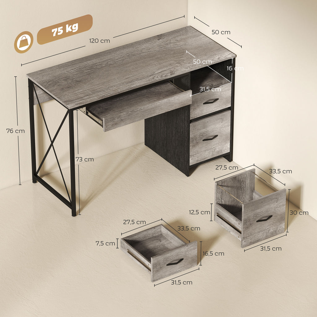 Bureau d'ordinateur, 120×50cm, bureau avec rangement, plateau clavier, compartiment ouvert et 2 tiroirs, gris-2
