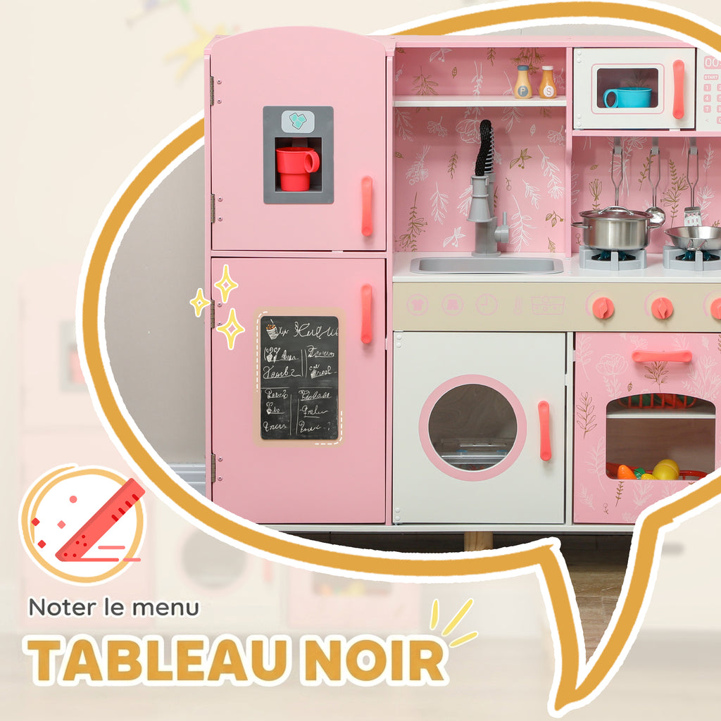 Cuisine Enfant avec Glaçons, Micro-ondes, Four, Plaque, Évier, Machine à Laver, Tableau, 90x 33,3x91,6cm, Rose-4